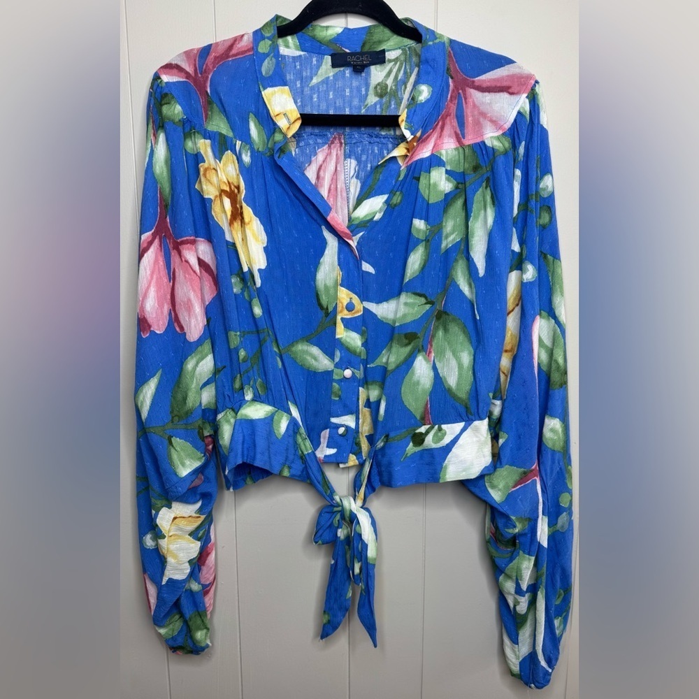 RACHEL Rachel Roy Blue Floral Batwing Crop Elastic Waist Tie-Front Top XL